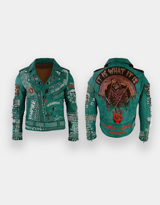 Green Studded Leather Women, Punk studded leather Jacket Handmade with Cow Leather, Pins and Patches Studded Leather Club Wears Jacket,